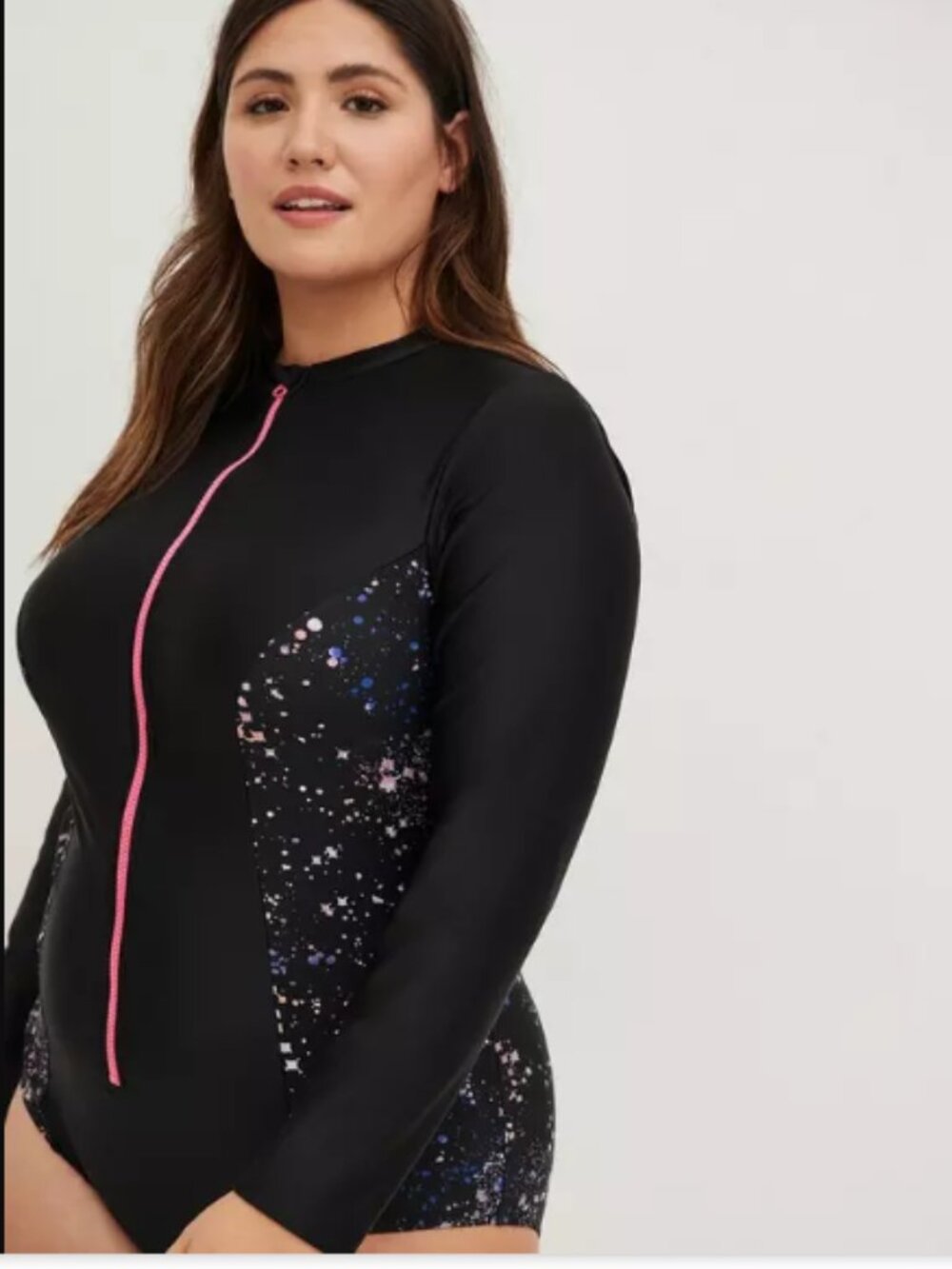 Torrid Wireless Long Sleeve Rashguard One Piece Swimsuit Pink Zip Celestial